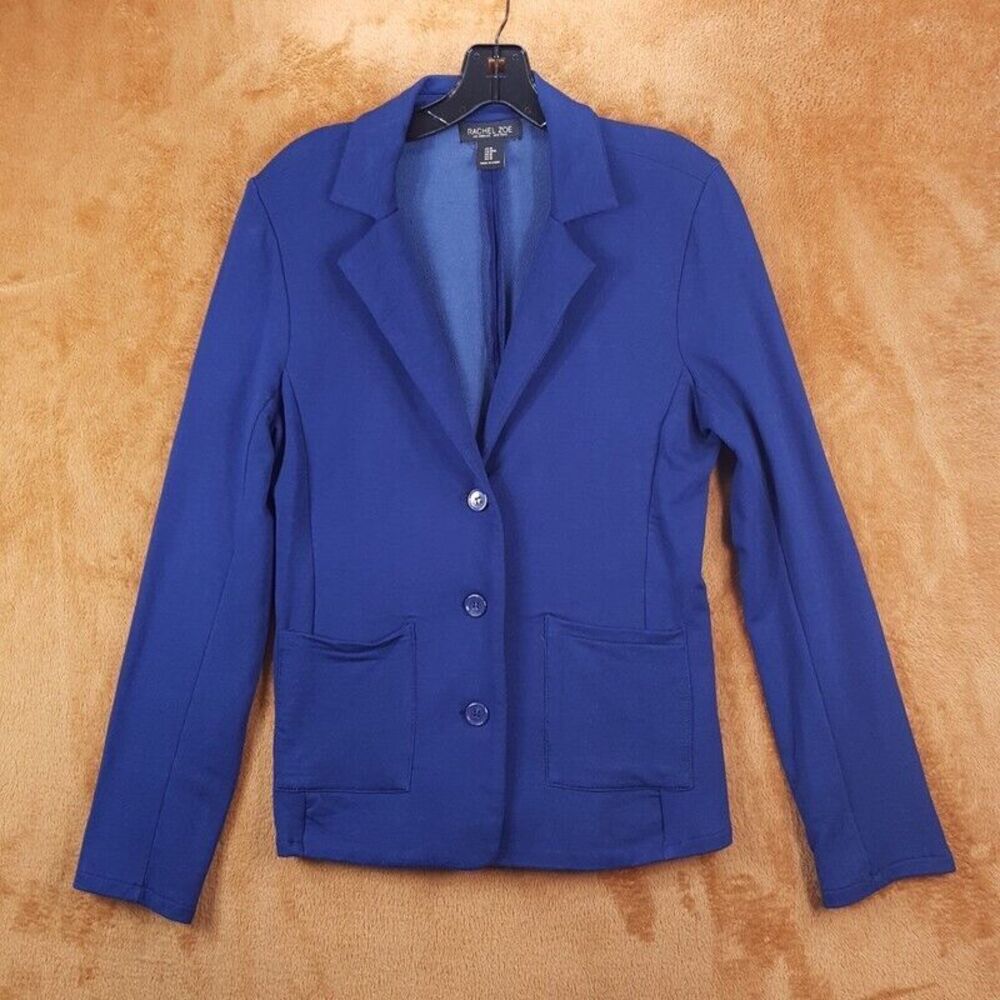 RACHEL ZOE Blazer Womens Medium Blue 3 Button Stretch Knit Pocket Jacket